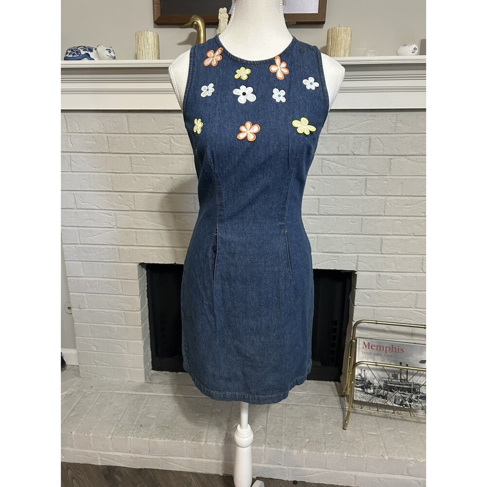 Rare Y2k Vintage Mirrors 2 Denim Mini Dress Size 3/4 Sleeveless Floral Appliqué